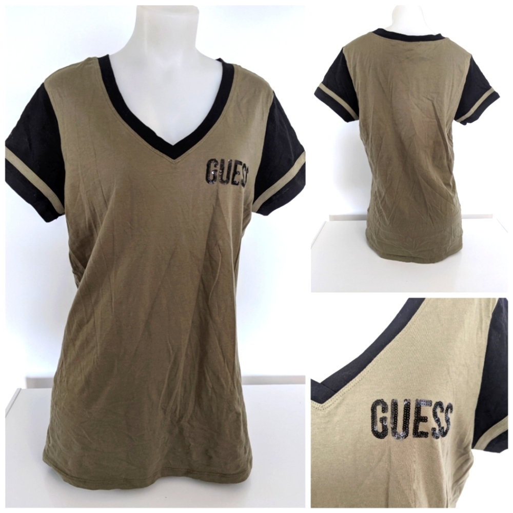 Guess Baseball V Style Khaki Short Sleeve Top Sz L